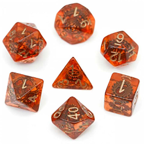 Steampunk "Gearwheel" Dice Amber resin w copper font 7 Dice Set [UDREGE01]