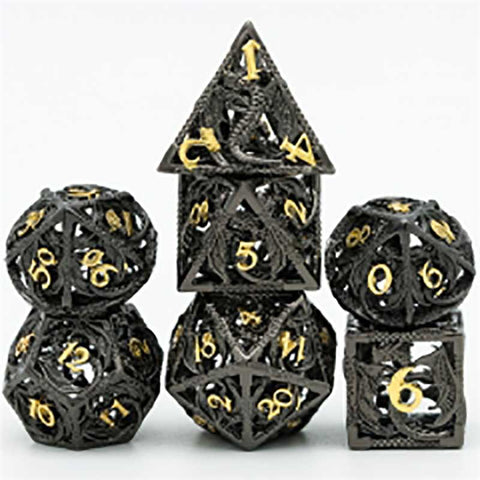 Hollow Metal Flying Dragon Dice: Black with gold font 7 Dice Set w/metal case [UDMEFD06]