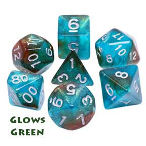 Galaxy GLOW "Neverland" with silver font Set of 7 Dice [HDAR-74]