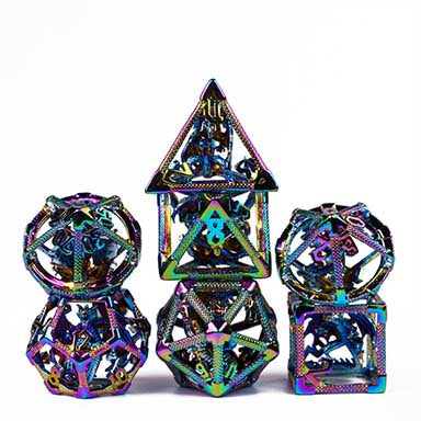 Hollow Metal Trapped Dragon Dice: Rainbow 7 Dice Set w/metal case [UDMEID07]