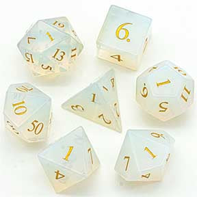 Synthetic Opalite w engraved gold font Set of 7 Gemstone Dice w/black hex case [UDGEUD32]
