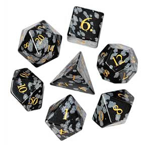 Snowflake Obsidian Gemstone 16mm Dice with gold font Set of 7 w/black hex case [UDGEUD59]