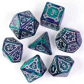 Giant Green+Purple with silver castle font Set of 7 Dice [UDRE-HC09]