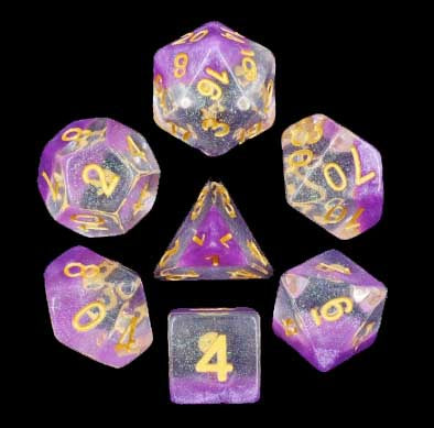 Snowglobe "Violet Sunset" with gold font Set of 7 Dice [HDC-04]