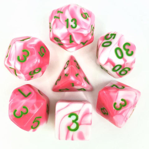 Blend Pink White with green font Set of 7 Dice [HDB-13]