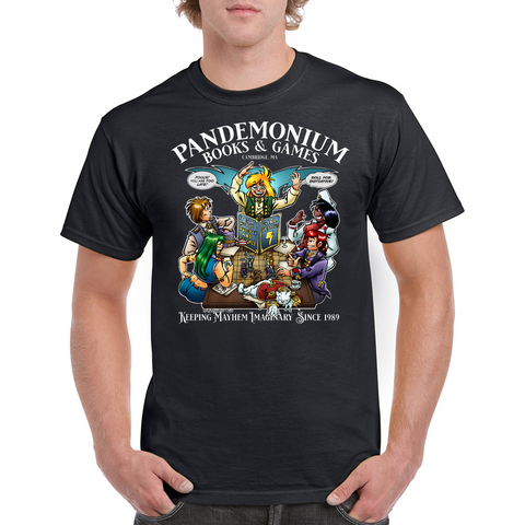 Black unisex shirt with a colorful roleplaying game taking place on the center and Pandemonium Books & Games Above it. Art by Phil Foglio.