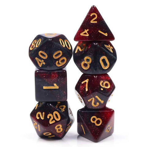 Galaxy Blood Red with gold font Set of 7 Dice [HDAR-34]