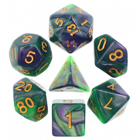Blend Green Purple with gold font Set of 7 Dice [HDB-19]