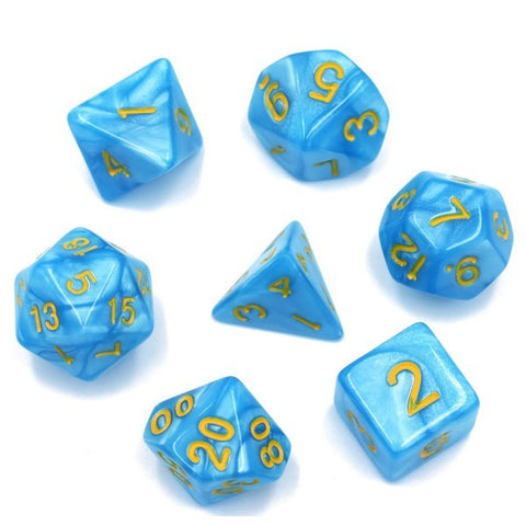 Pearl Light Blue with yellow font Set of 7 Dice [HDP-23]