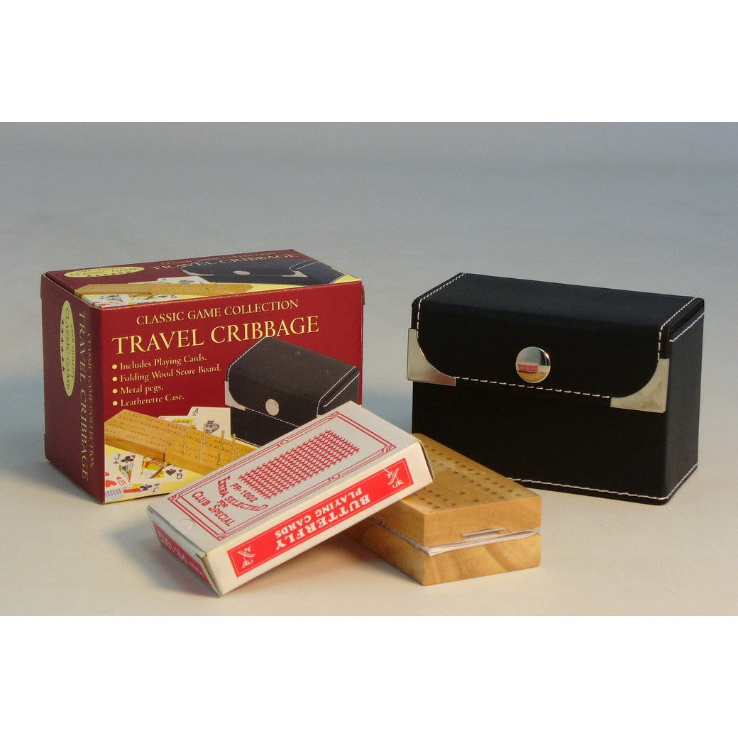 2-Player Travel Folding Wood Cribbage Set-Snap Case and cards