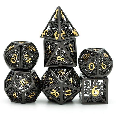 Hollow Metal Snowflake Dice: Black with gold font 7 Dice Set w/metal case [UDMEHO06]