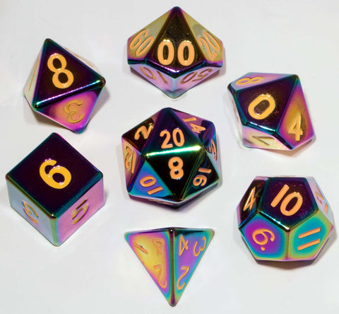 Painted Metal Flame Torched Rainbow with yellow font 7 Dice Set [MD014]