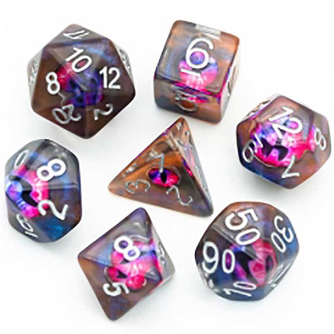 Demon Eye Purple/brown resin filled Dice with silver font 7 Dice Set [UDREEY01]