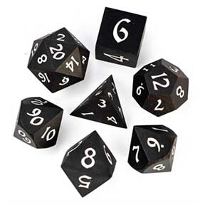 Wooden Dice: Ebony with white font 7 Dice Set with metal tin [UDWO03]