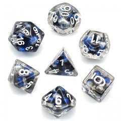 Floating Pearls Black Blue Silver w white font 7 Dice Set [UDRPE04]