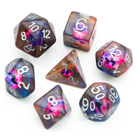 Demon Eye Purple/clear resin filled Dice with silver font 7 Dice Set [UDREEY05]