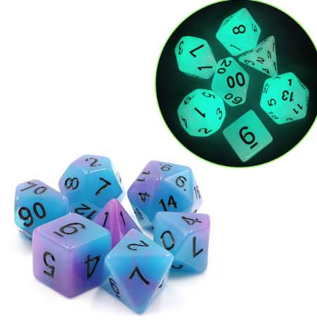 Glow in the Dark Blue+Purple with black font Set of 7 Dice [HDGD-06]