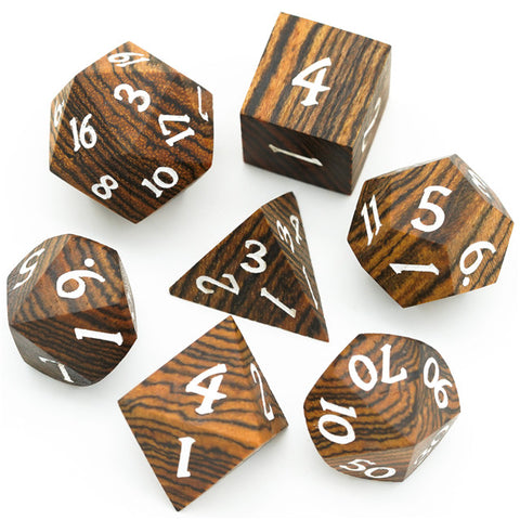 Wooden Dice: Venus Sandalwood with white font 7 Dice Set with metal tin [UDWO05]