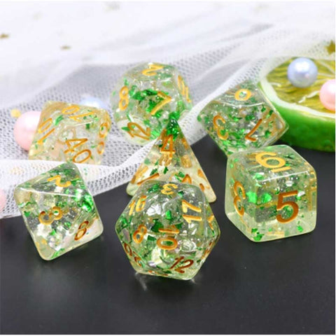 Flakes "Metallic Emerald" with gold font Set of 7 Dice [HDF-02]