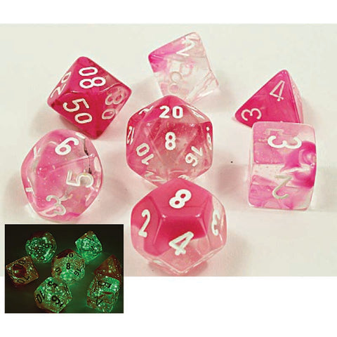 Lab Dice 4: Gemini Clear-Pink with white font 7 Dice Set (8 dice) [CHX30042]