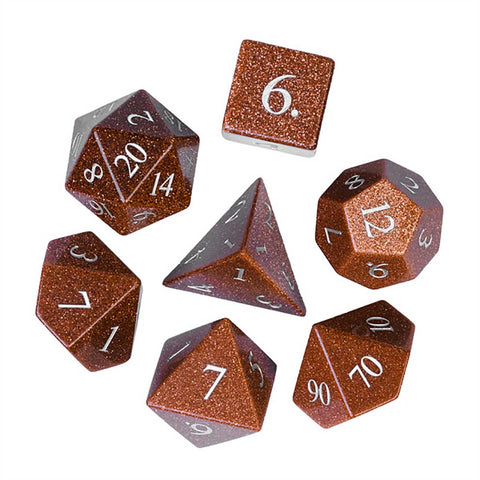 Goldstone Gemstone Dice with silver font Set of 7 w/black hex case [UDGEUD77]