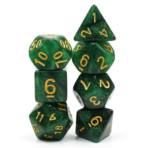 Galaxy Green with gold font Set of 7 Dice [HDAR-30]