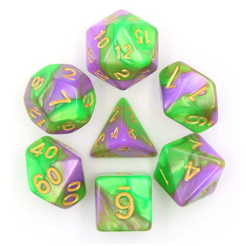 Blend Purple Green with gold font Set of 7 Dice [HDB-25]