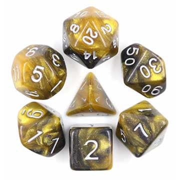 Galaxy Black+Gold "Monarch" with silver font Set of 7 Dice [HDAR-16]