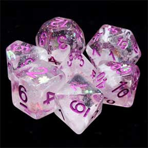Flakes "Pink Memory" with purple font Set of 7 Dice [HDF-06]