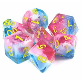 Transparent Gradients "Glacier Rose" with yellow font Set of 7 Dice [HDTL-25]