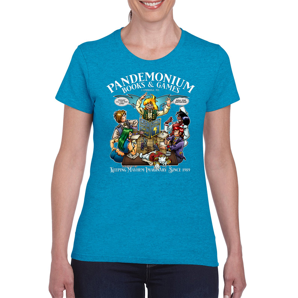 Heathered sapphire shirt with a roleplaying game taking place on the center and Pandemonium Books & Games Above it. Art by Phil Foglio.