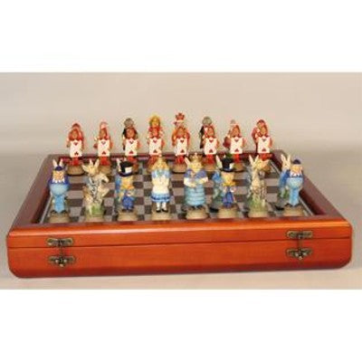 Alice in Wonderland themed Chess Set on Cherrywood Board