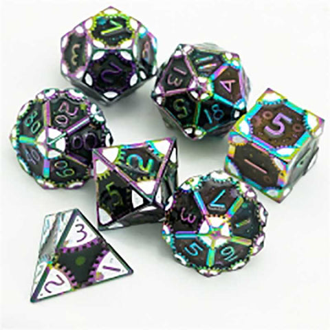 Steampunk Black & White with rainbow edges and font metal 7 Dice Set with metal case [UDMEST11]