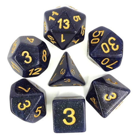 Glitter "Universe" Navy with gold font Set of 7 Dice [HDG-10]