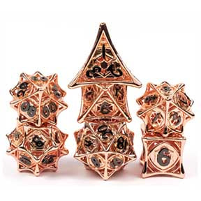 Hollow Metal Webbing Dice: Shiny Copper with black font 7 Dice Set w/metal case [UDMESW09]